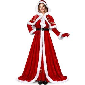 ✨Women Red Christmas Costume Set Velvet Dress Hooded Cloak Cape Gloves Belt